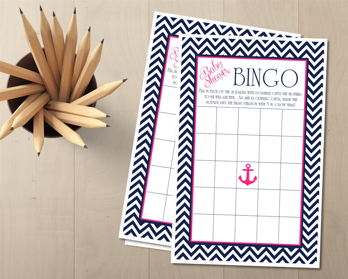 Anchor themed baby shower bingo PDF navy and pink