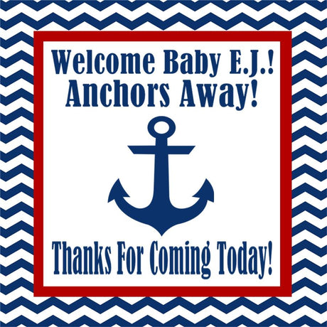 Anchors Away baby shower sticker with navy chevron border