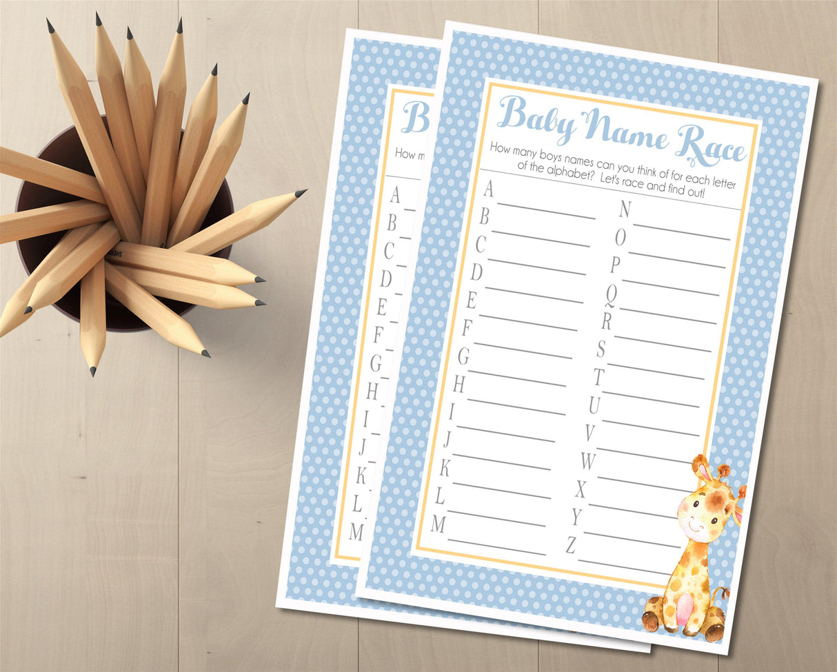 Animal themed baby name race printable