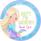 Aqua and lavender under-the-sea party favor label with mermaid illustration
