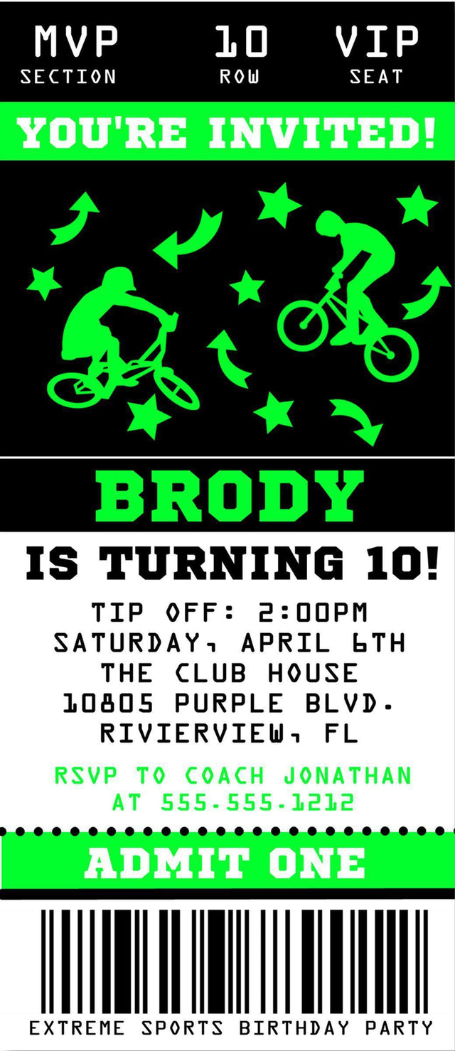 BMX Birthday Party Ticket Invitations