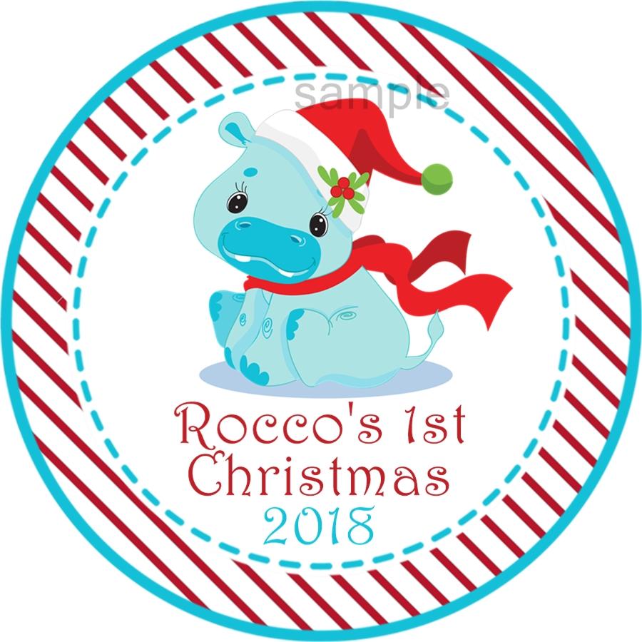 Baby’s First Christmas sticker with winter animal illustration