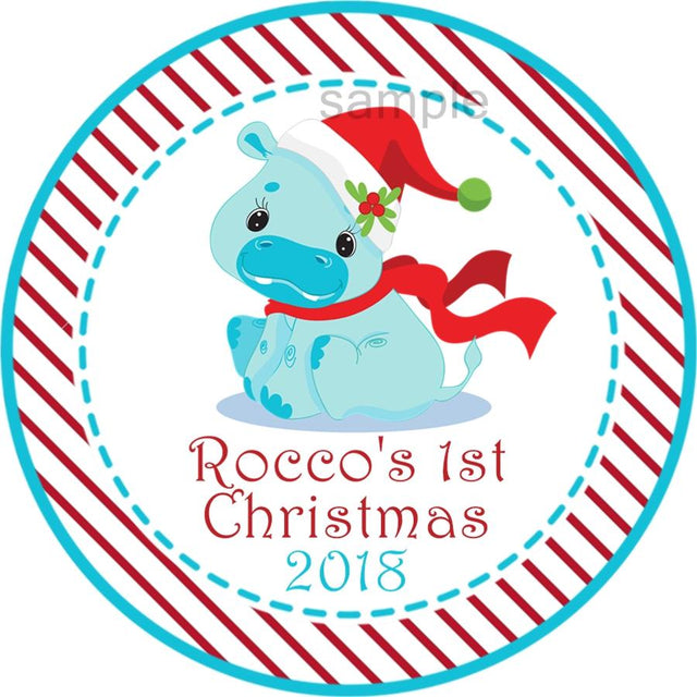 Baby’s First Christmas sticker with winter animal illustration