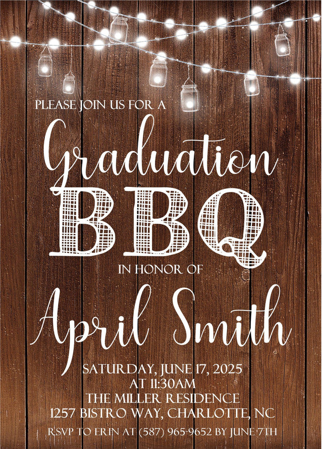 Backyard graduation BBQ party invitation with string lights