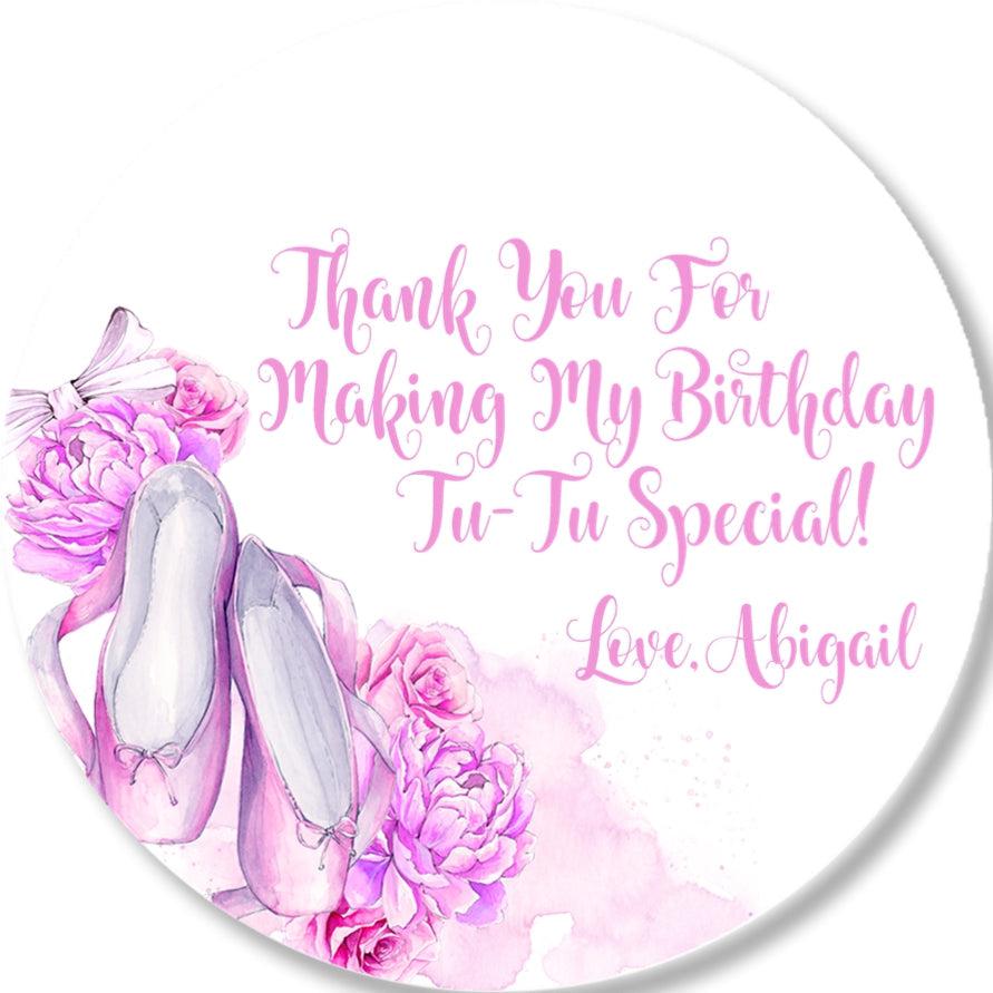 Ballerina party favor label with lavender slippers