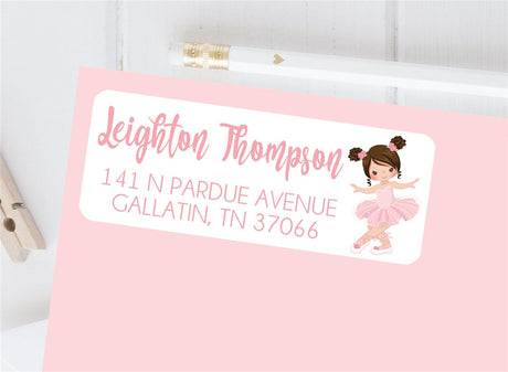 Ballet address labels with ballerina illustration and pink lettering