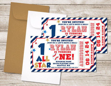 Baseball 1st Birthday Party Ticket Invitations