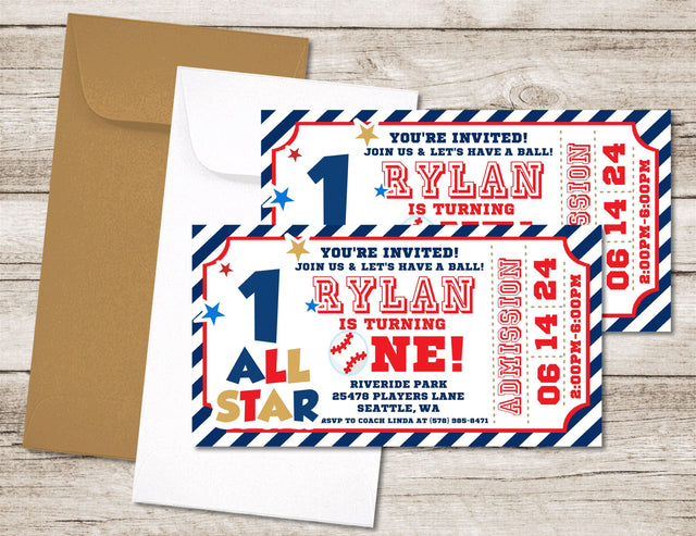 Baseball 1st Birthday Party Ticket Invitations