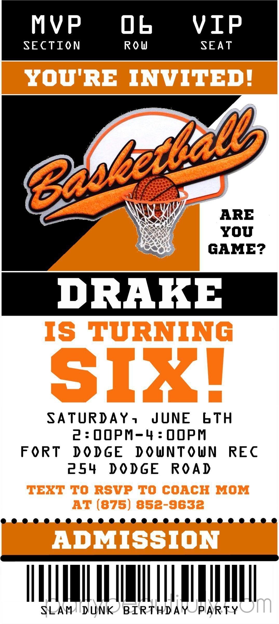 Basketball Birthday Party Ticket Invitations