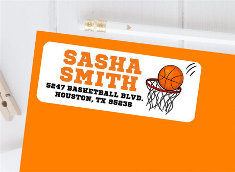 Basketball address labels with orange ball and hoop design