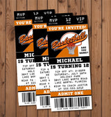 Basketball ticket invitation featuring basketball themed artwork and admission ticket layout