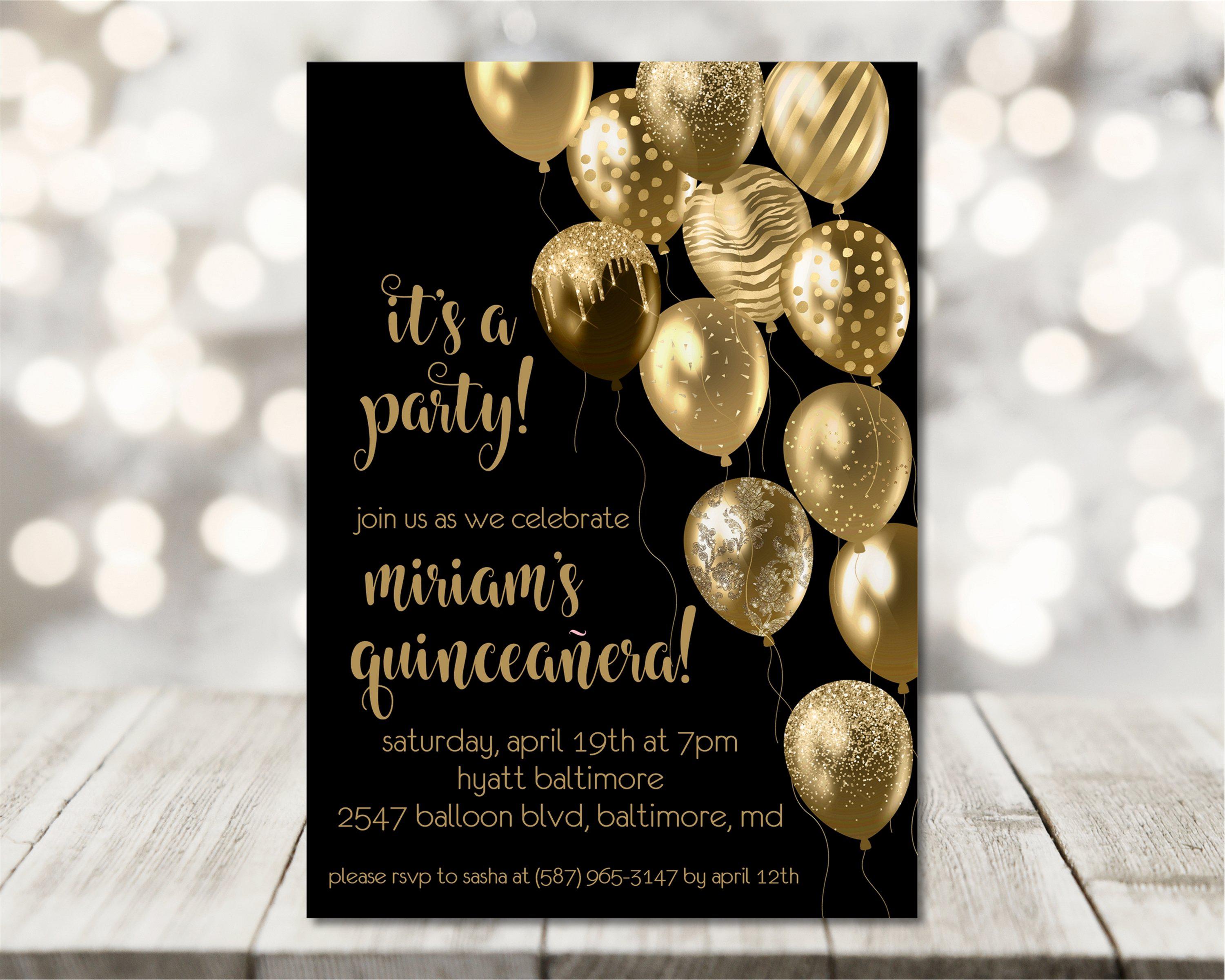 Black And Gold Balloon Quinceanera Invitations