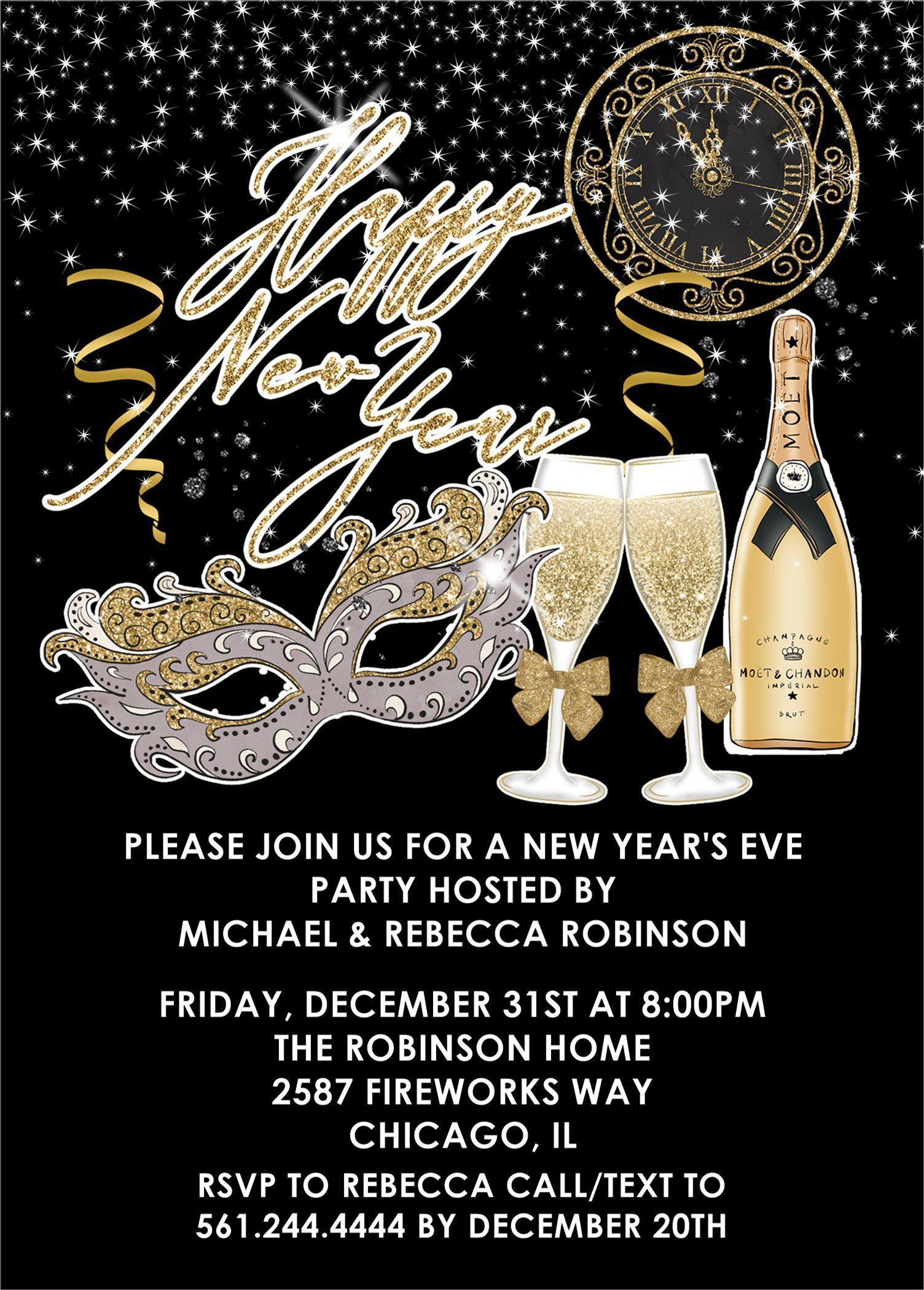 Black, Silver And Gold New Years Eve Party Invitations