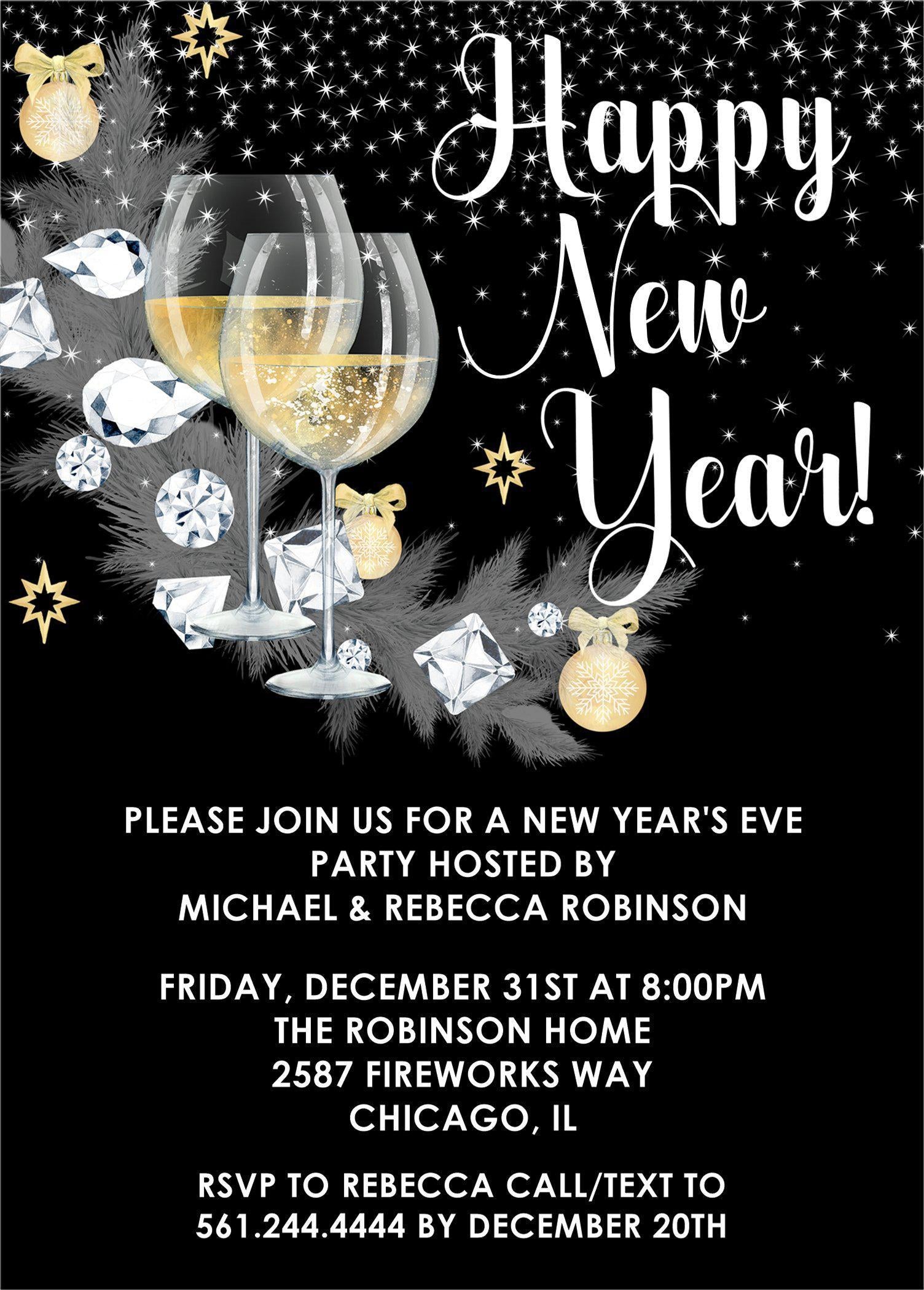 Black, Silver And Gold New Years Eve Party Invitations