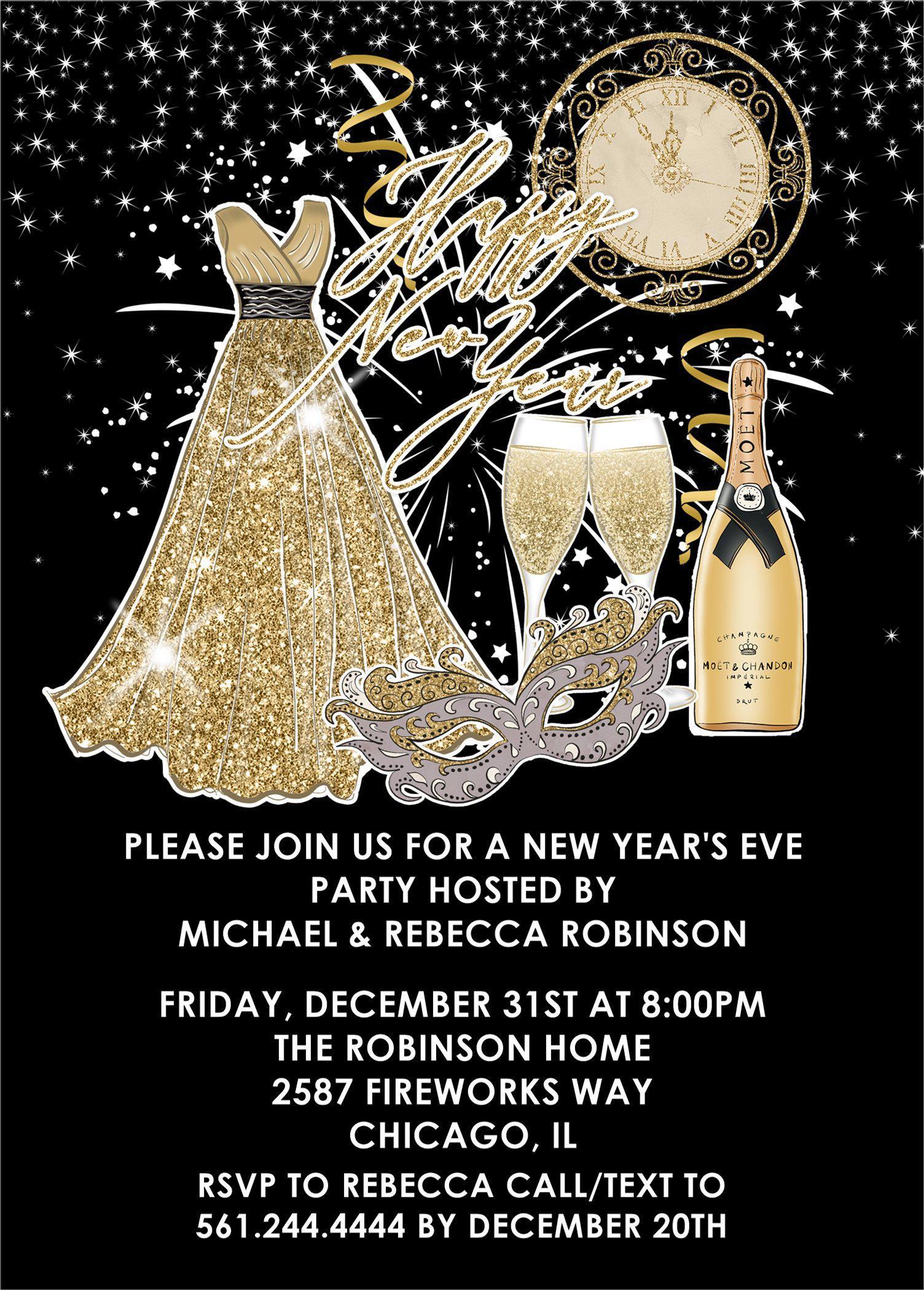 Black, Silver And Gold New Years Eve Party Invitations