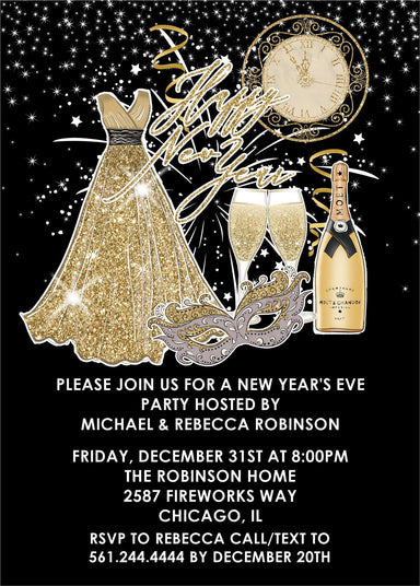 Black, Silver And Gold New Years Eve Party Invitations