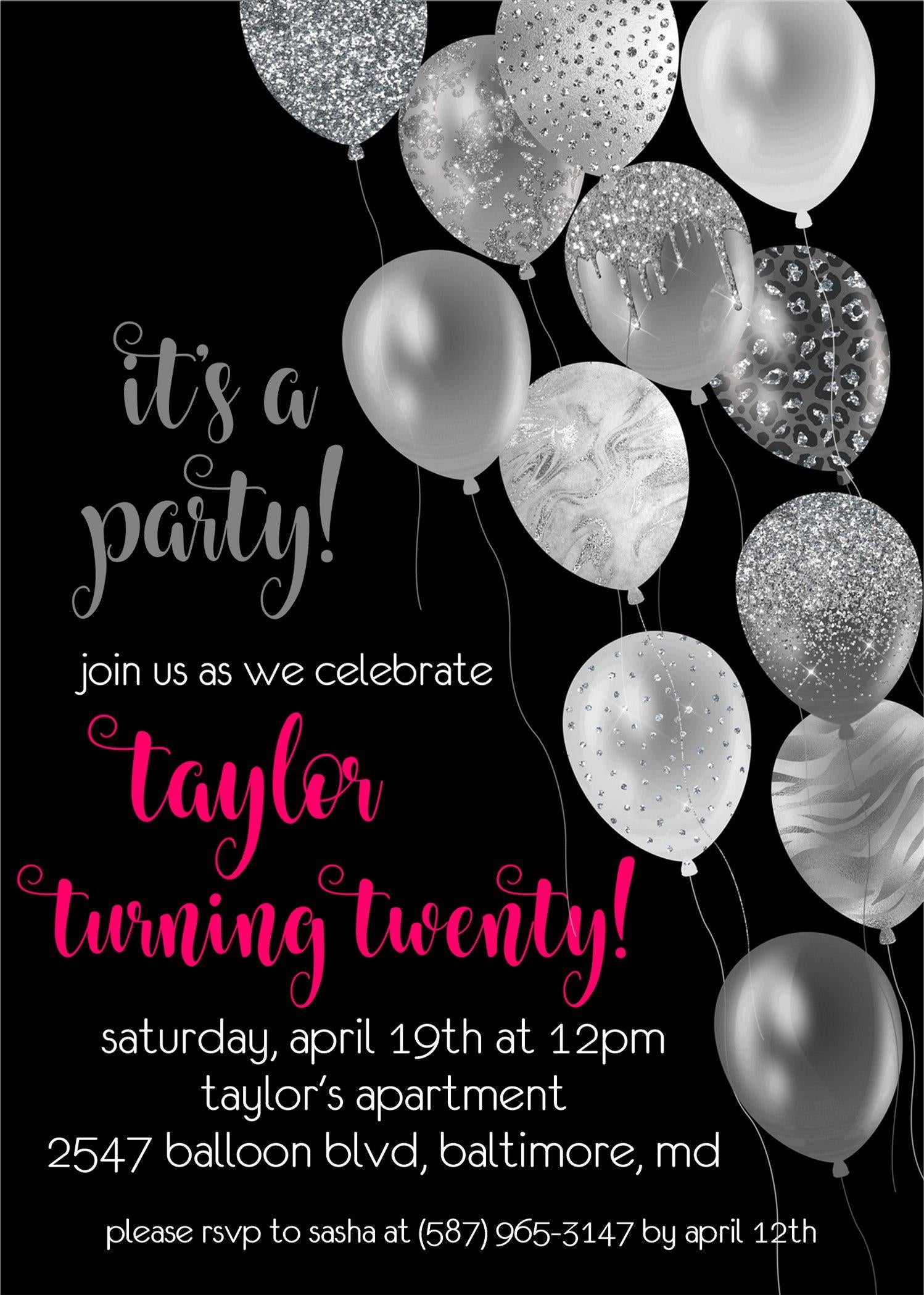 Black, White And Hot Pink Balloon Birthday Party Invitations