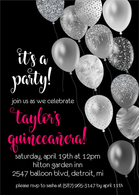 Black, White And Hot Pink Balloon Quinceanera Invitations