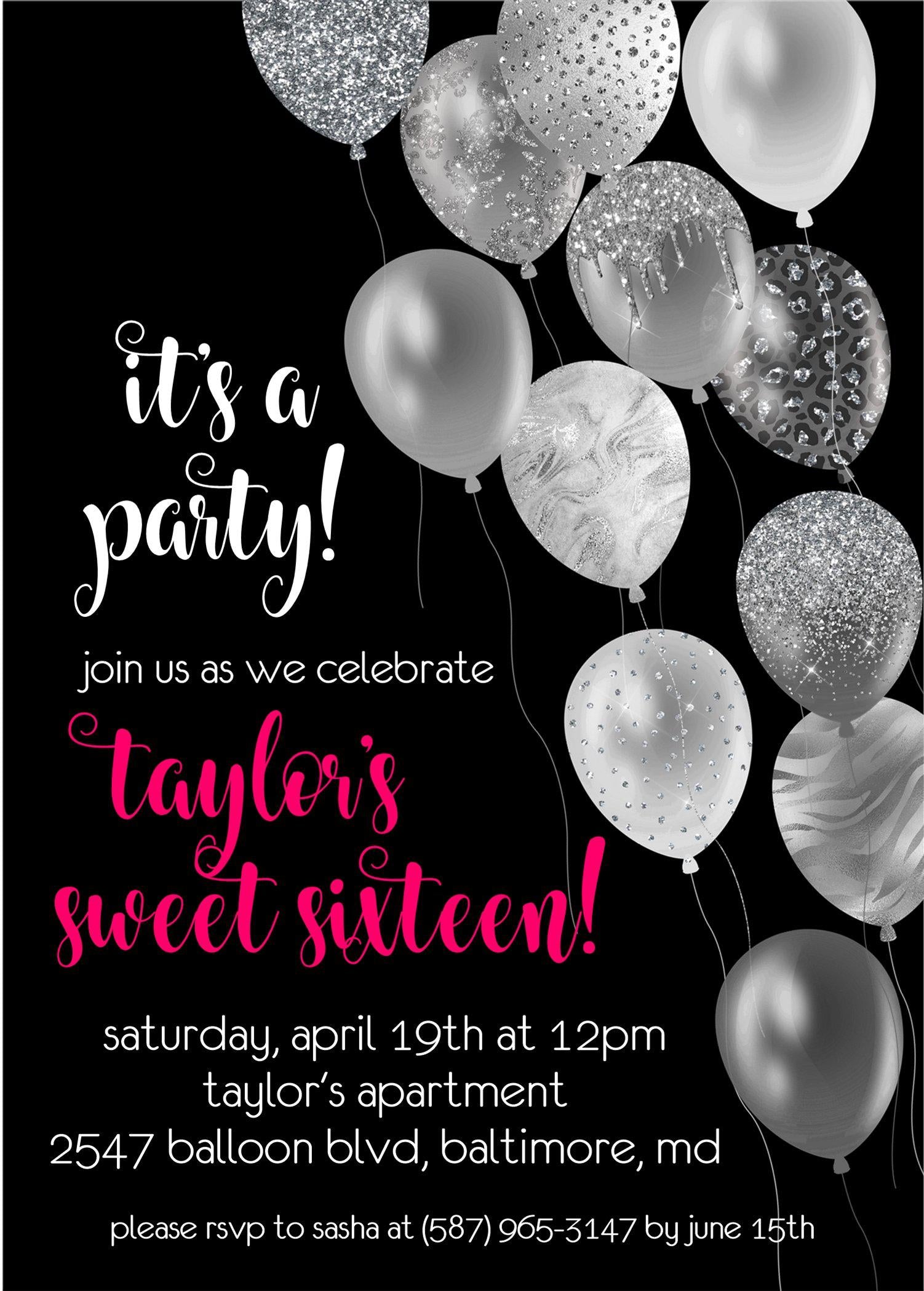 Black, White And Hot Pink Balloon Sweet 16 Party Invitations