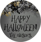 Black and gold floral Halloween sticker with personalized family name