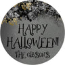 Black and gold floral Halloween sticker with personalized family name