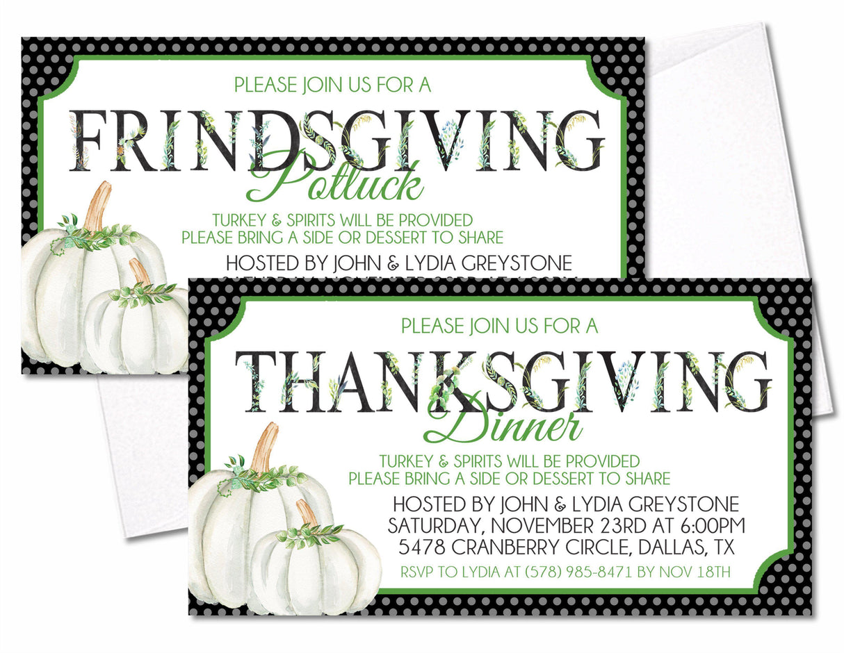 Black and green Thanksgiving dinner invitation with floral lettering and pumpkins