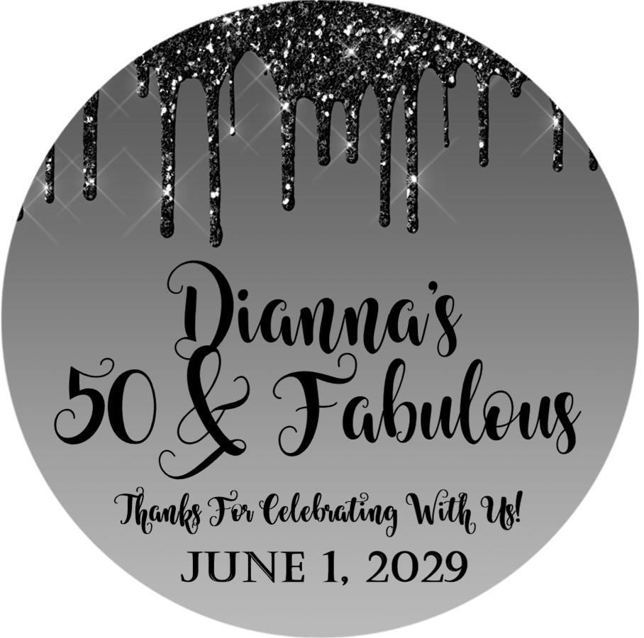 Black and silver 50 and Fabulous birthday sticker with personalized name