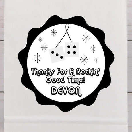 Black and white fuzzy dice 1950s party sticker