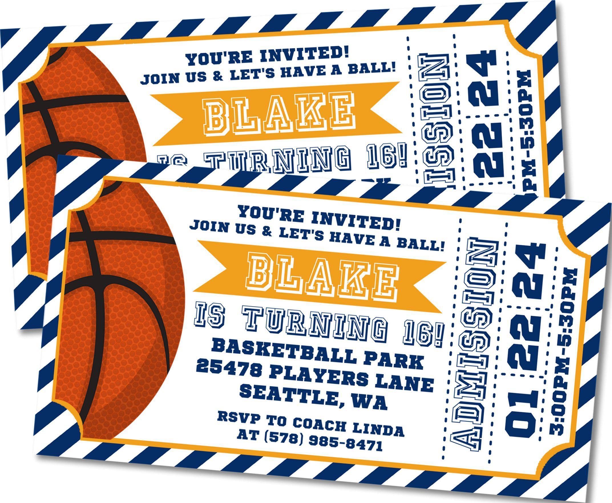 Blue And Gold Basketball Birthday Party Ticket Invitations