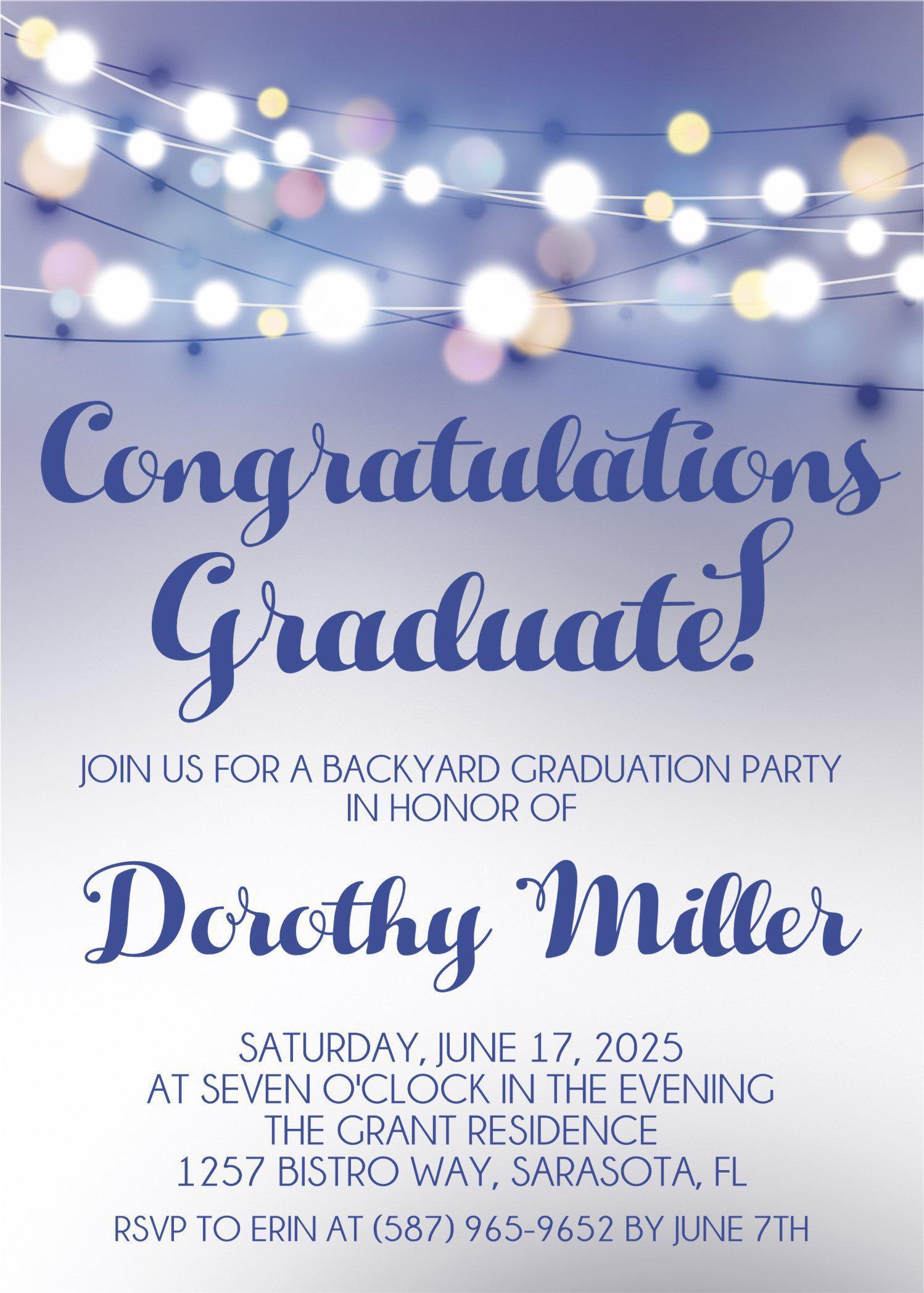 Blue And White Bistro Lights Graduation Party Invitations