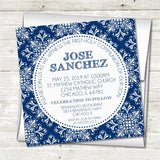 Blue And White Damask First Communion Invitations