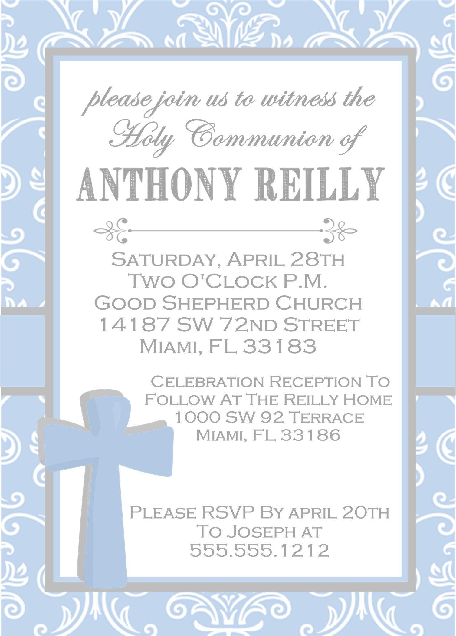 Blue And White Damask First Communion Invitations