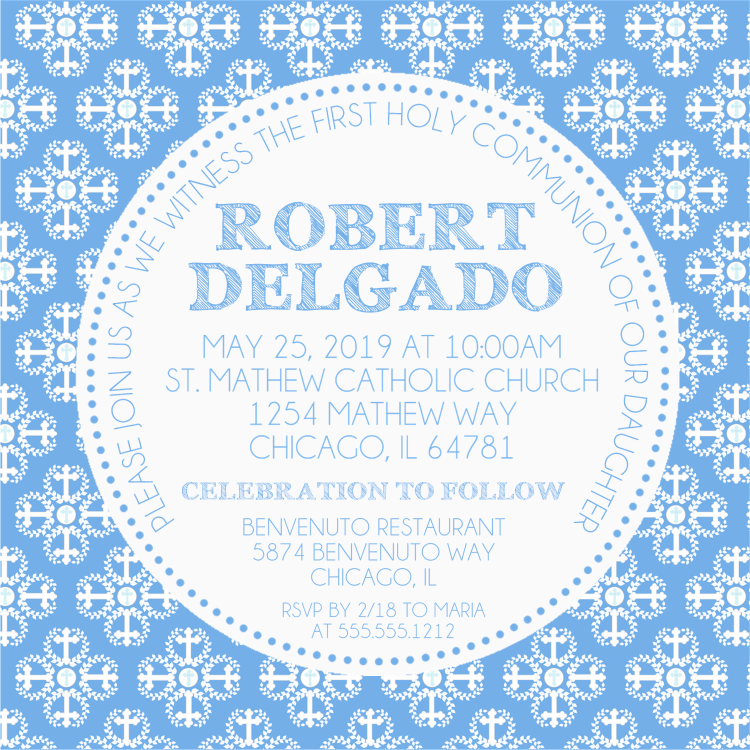 Blue And White Damask First Communion Invitations