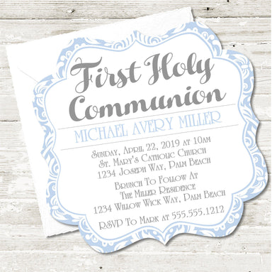 Blue And White Damask First Communion Invitations