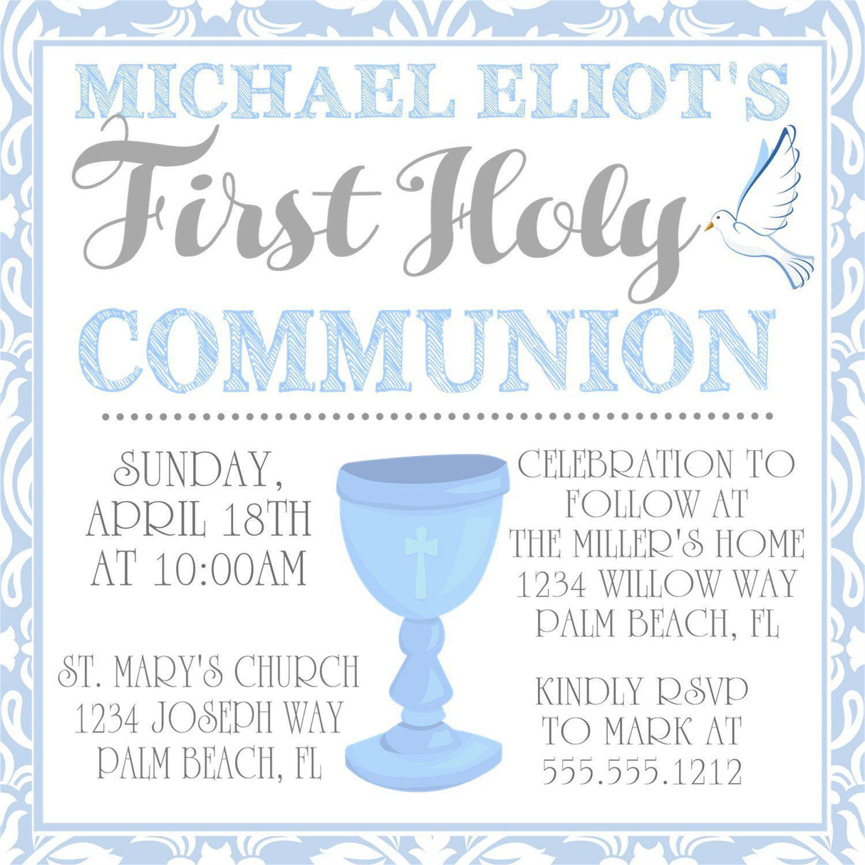 Blue And White First Communion Invitations