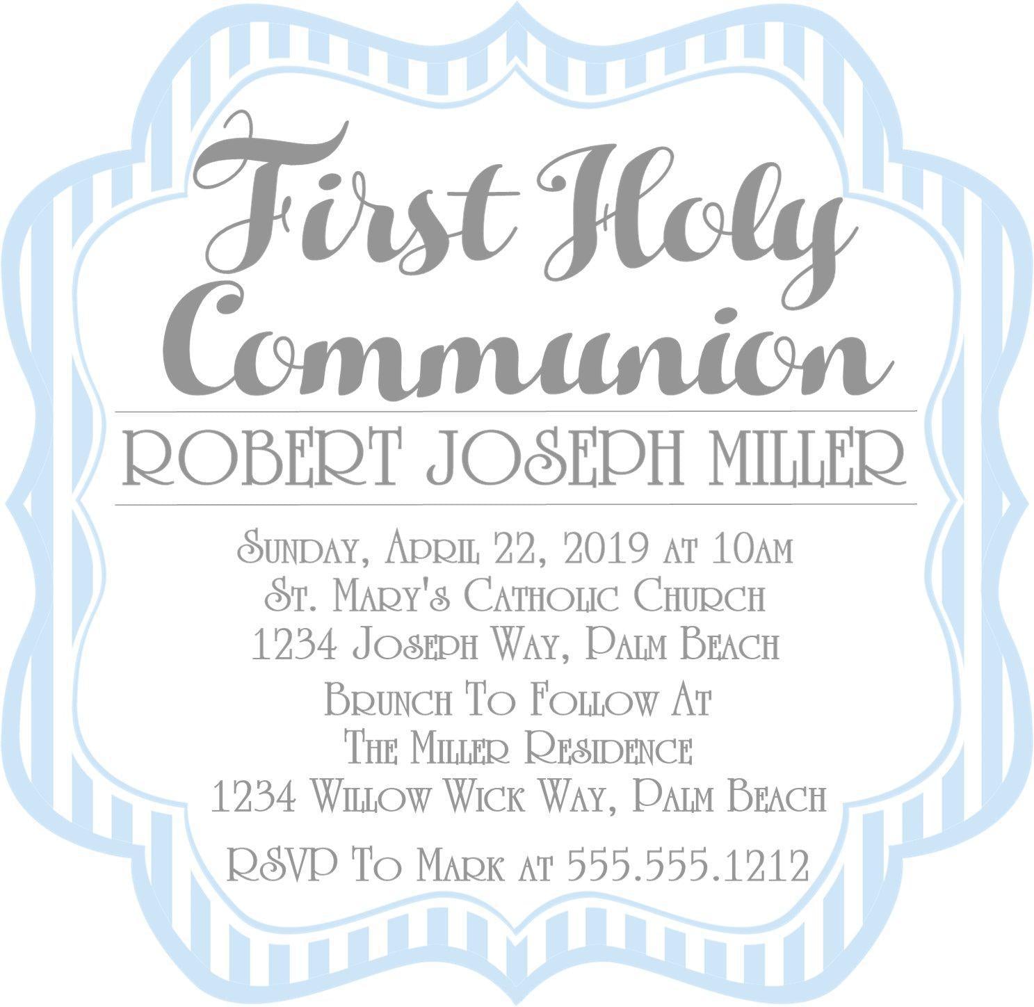 Blue And White Striped First Communion Invitations