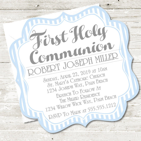 Blue And White Striped First Communion Invitations