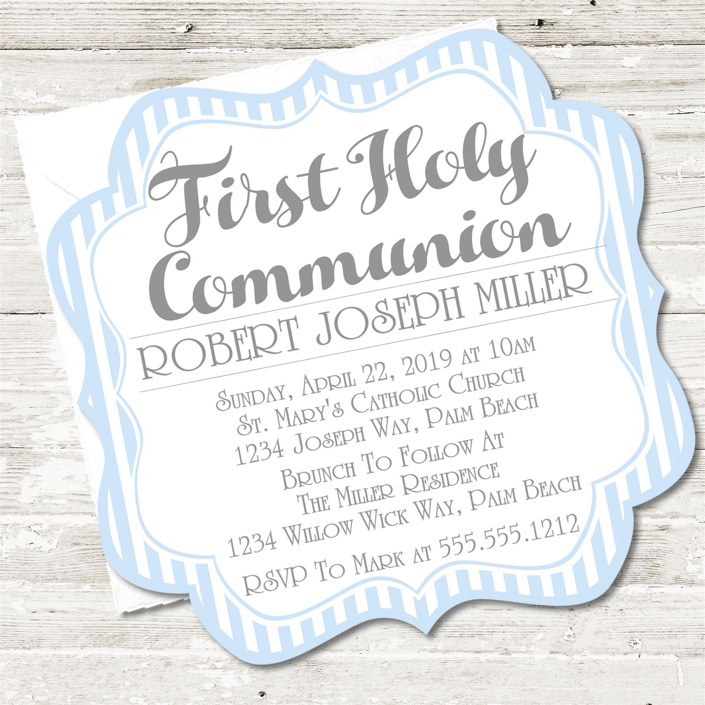 Blue And White Striped First Communion Invitations