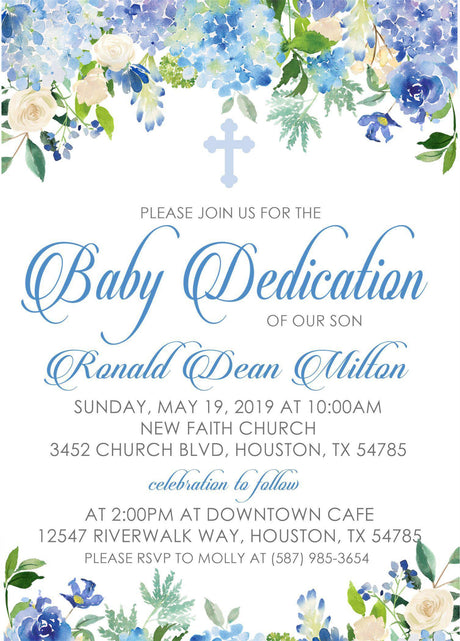Blue Floral Baby Dedication Invitations