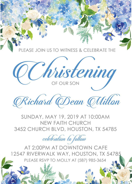 Blue Floral Christening Invitations