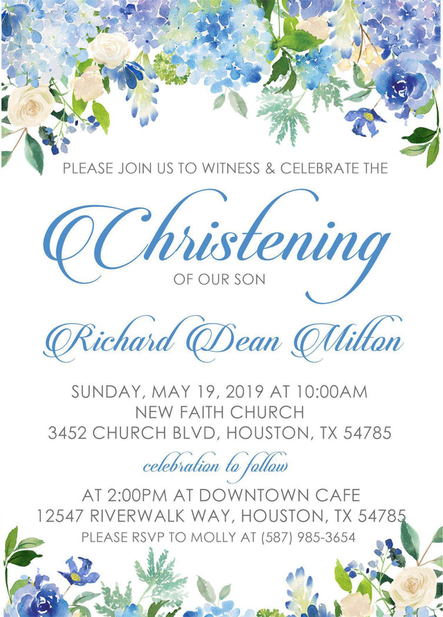 Blue Floral Christening Invitations