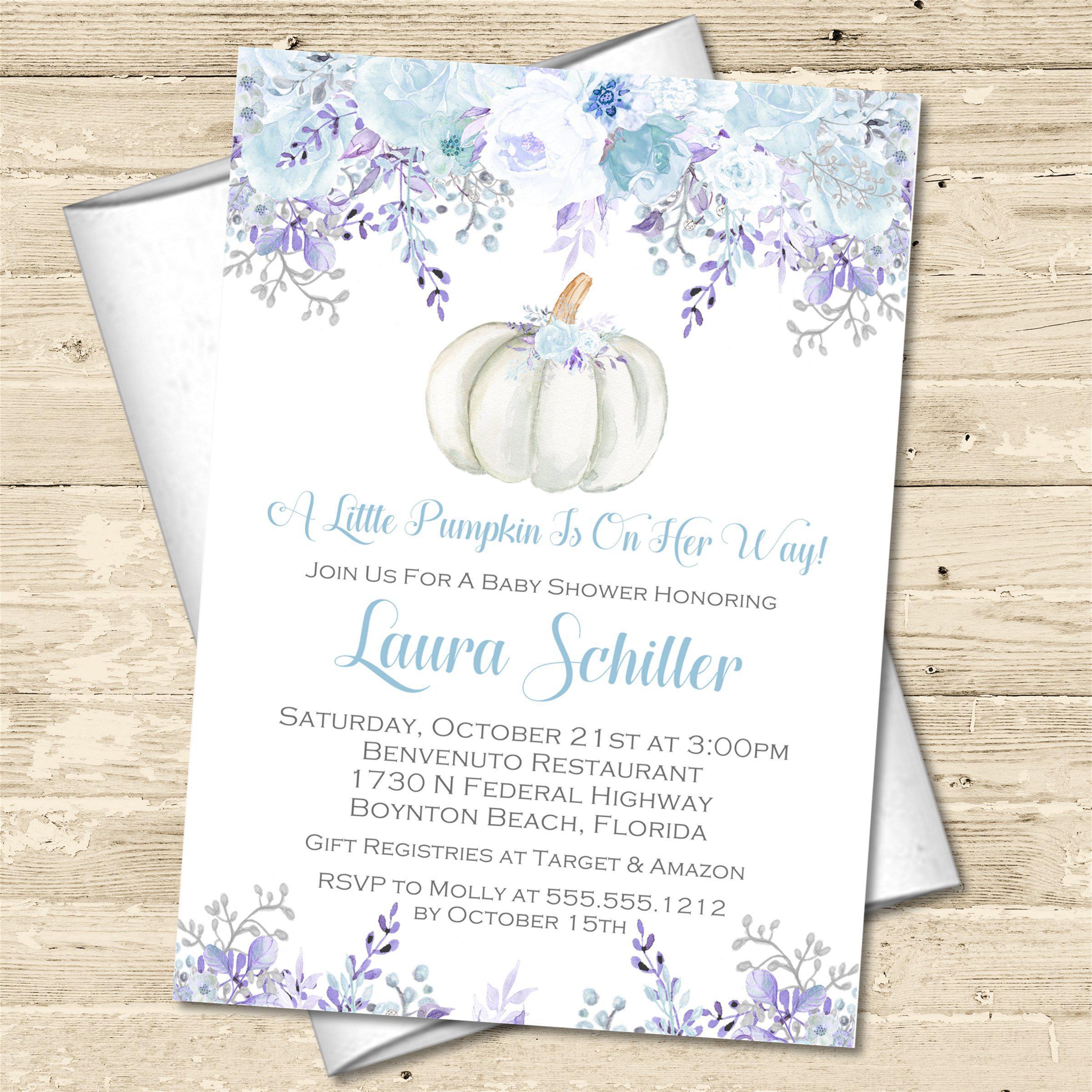 Blue & Lavender Fall Pumpkin Baby Shower Invitations