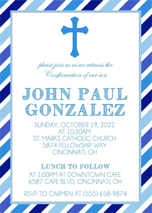 Blue Striped Confirmation Invitations