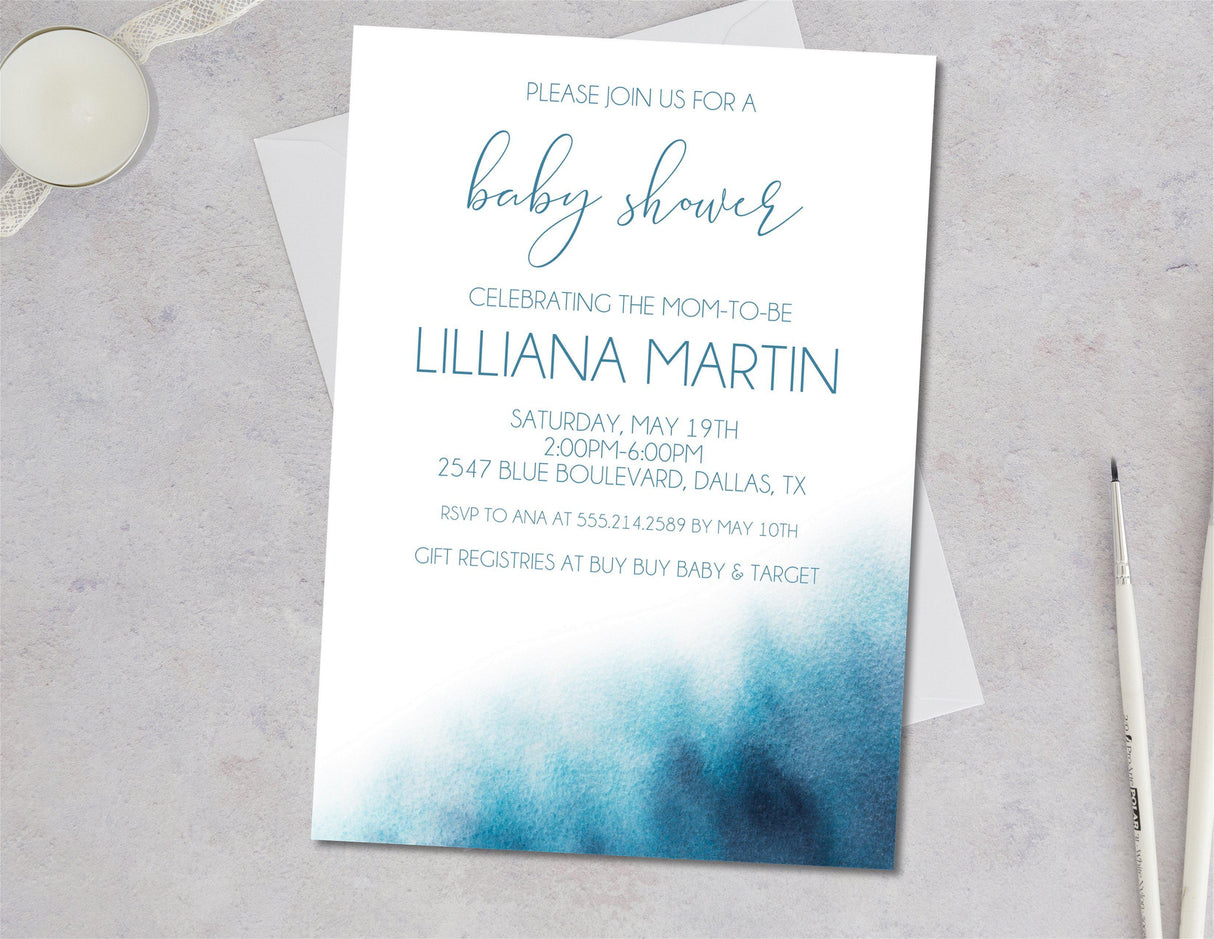 Blue Watercolor Baby Shower Invitations