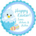 Blue Easter chick sticker with chick in cracked egg and pastel Easter eggs