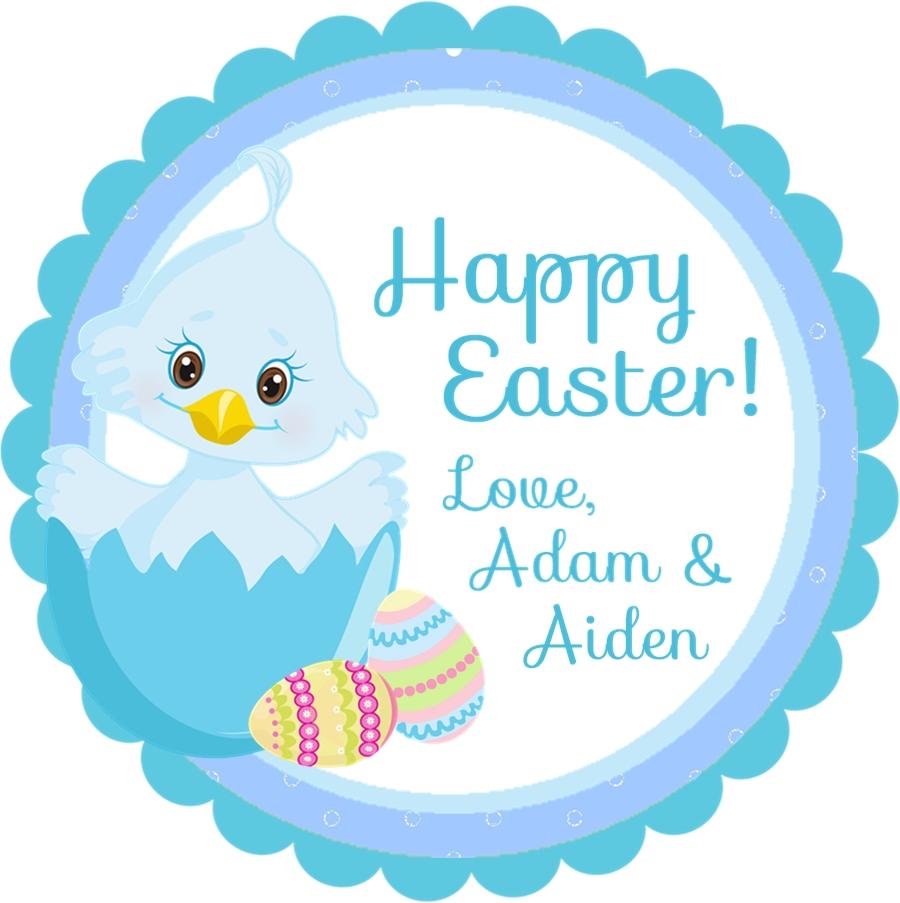 Blue Easter chick sticker with chick in cracked egg and pastel Easter eggs