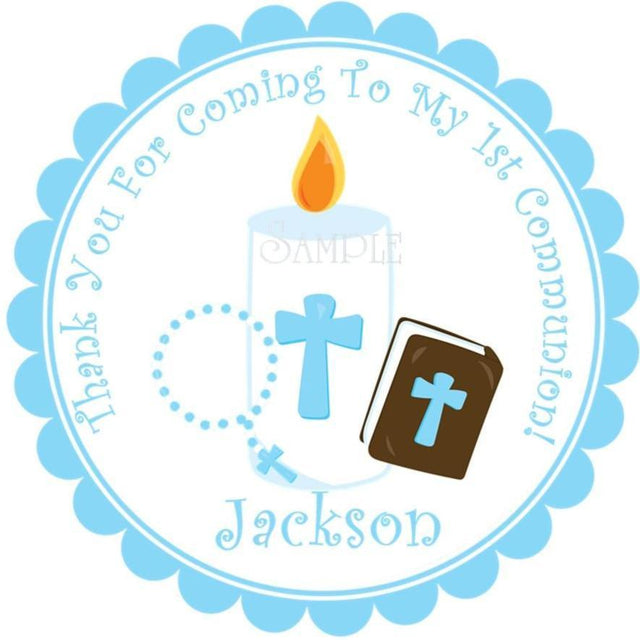Blue First Communion sticker with candle and rosary