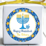 Blue Hanukkah sticker with menorah and holiday icons