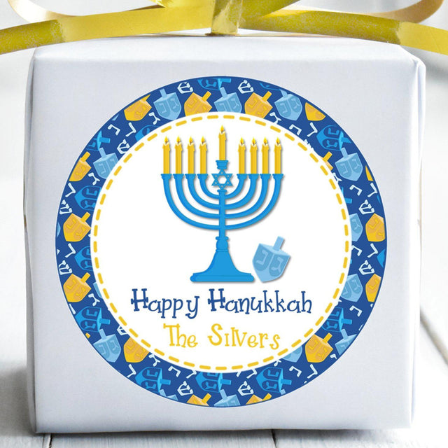 Blue Hanukkah sticker with menorah and holiday icons