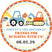 Blue and orange construction birthday stickers with excavator and dump truck